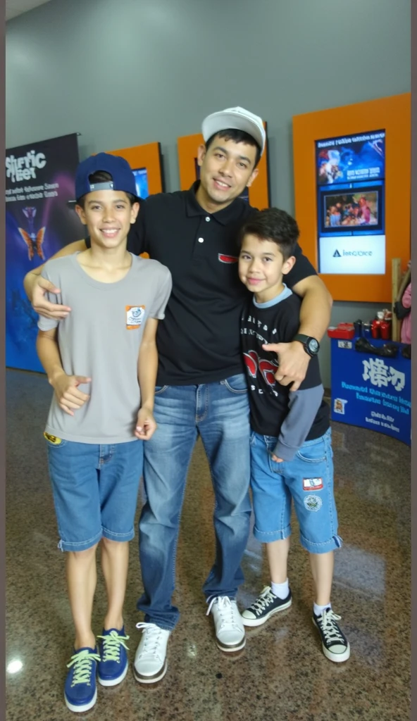 A penguin in the middle of a girl and a boy whose t-shirts have the girl with the letter C and the boy with the letter M