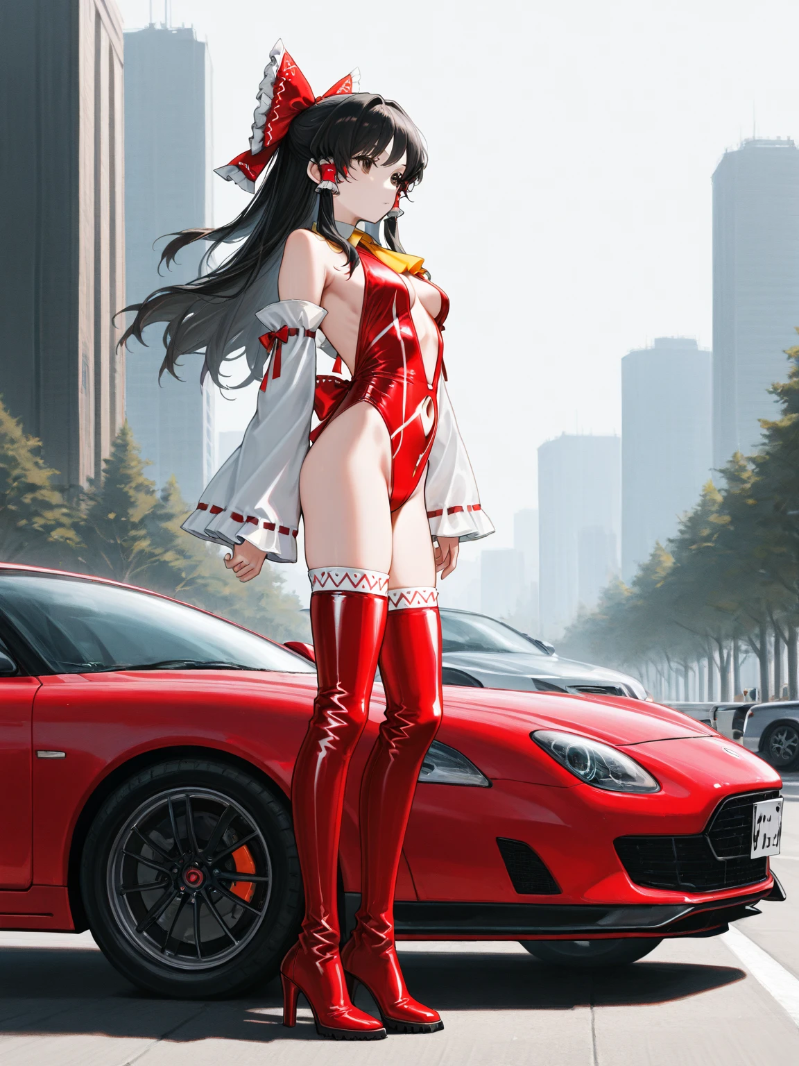 A woman wearing a low-cut red dress, empty shoulders, long black hair, Ahoge, golden bow in her hair, golden feather in her hair, red eyes, smiling, red heels, long brown stockings, standing on, full length, a concrete runway on the side of a luxury red car, big breasts, night location, background lit location with trees,solid circle eyes, Surrealism, drop shadow, anaglyph, stereogram, tachi-e, pov, atmospheric perspective, 8k, super detail, ccurate, best quality, award winning, textured skin, highres, anatomically correct, bokeh effect, (woman solo)
