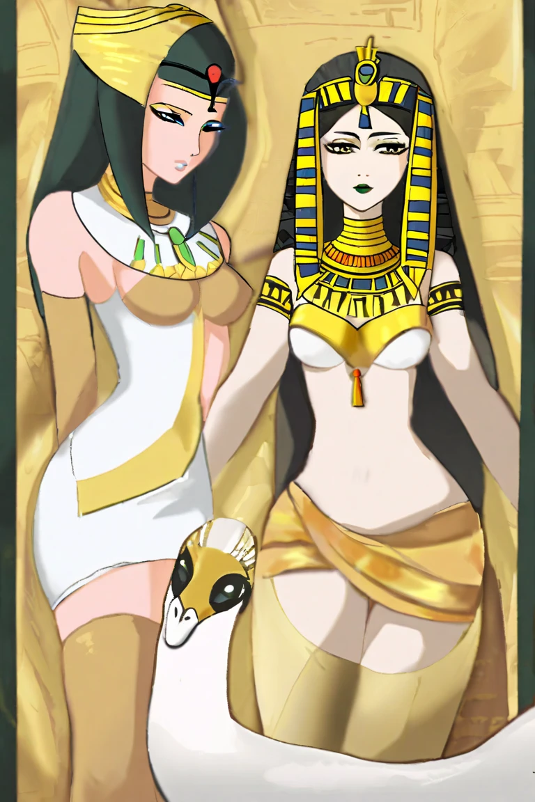 A graceful fertility goddess, the Queen of Egypt, a mature woman, Nefertiti, with a perfect body, full breasts, round buttocks, wide hips in a black Setheian dress, violet lips, long straight black hair adorned with Egyptian jewelry, praying to the serpent god in an ancient Egyptian temple