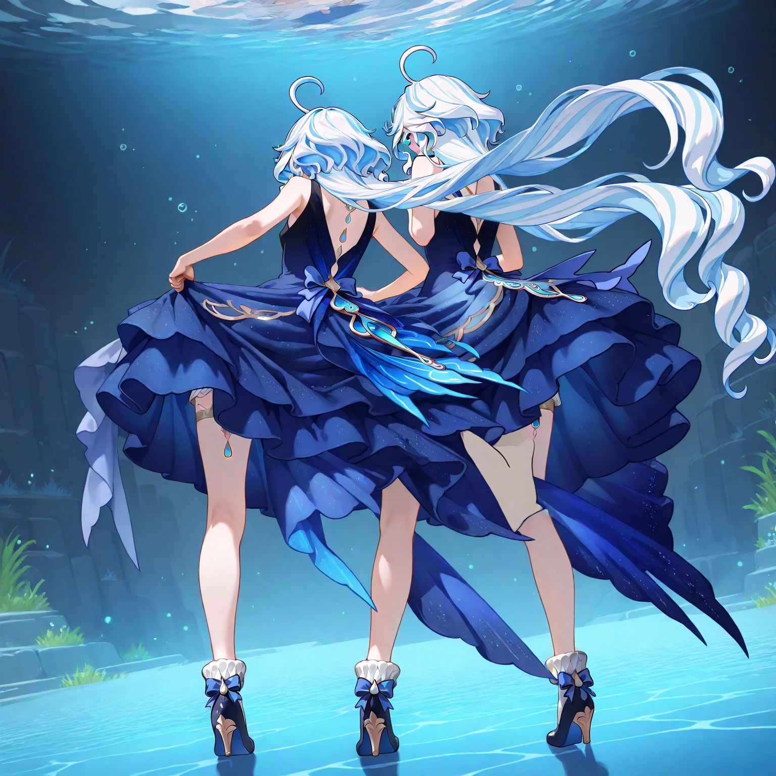 2girls, standing_split,standing solit, full body, standing_on_one_leg, masterpiece, best quality, very aesthetic, absurdres, ,under sea,floating_hair,