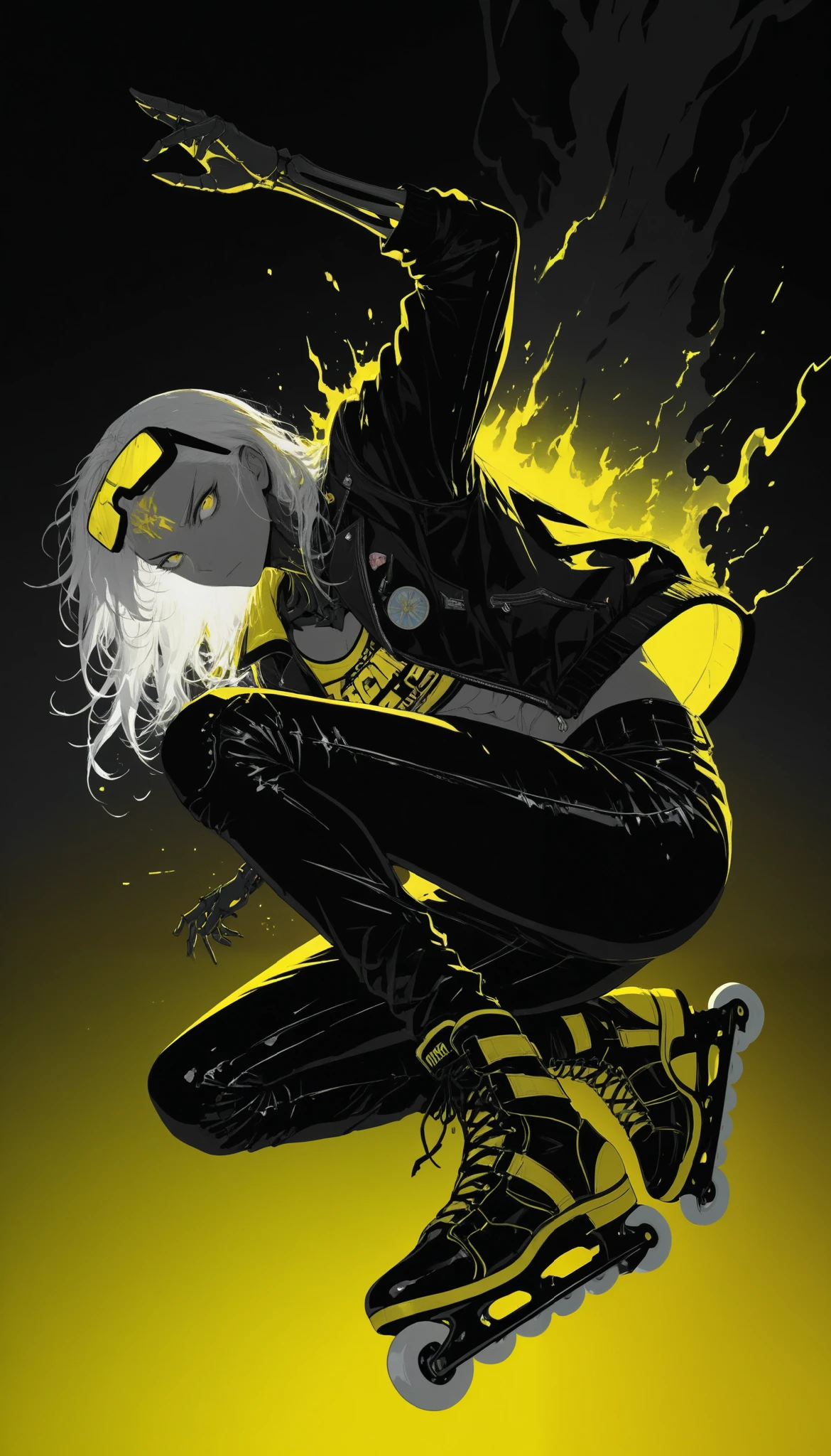 top of a detailed boy,(((black to yellow gradient background))),(backlight:1.5),(dark environment:1.5),Tracera yellow light,bright yellow eyes popping out against the background, disheveled white hair,black leather jacket,long pants,racing glasses on the forehead,(Serious and calm expression almost expressionless),monochrome,grayscale,yellow eyes on the background,messy line art,muscular,skeletal arm,Crouching,( skates), skates con ruedas,(Floating),flying,manos alafo de los skates ,dynamic pose