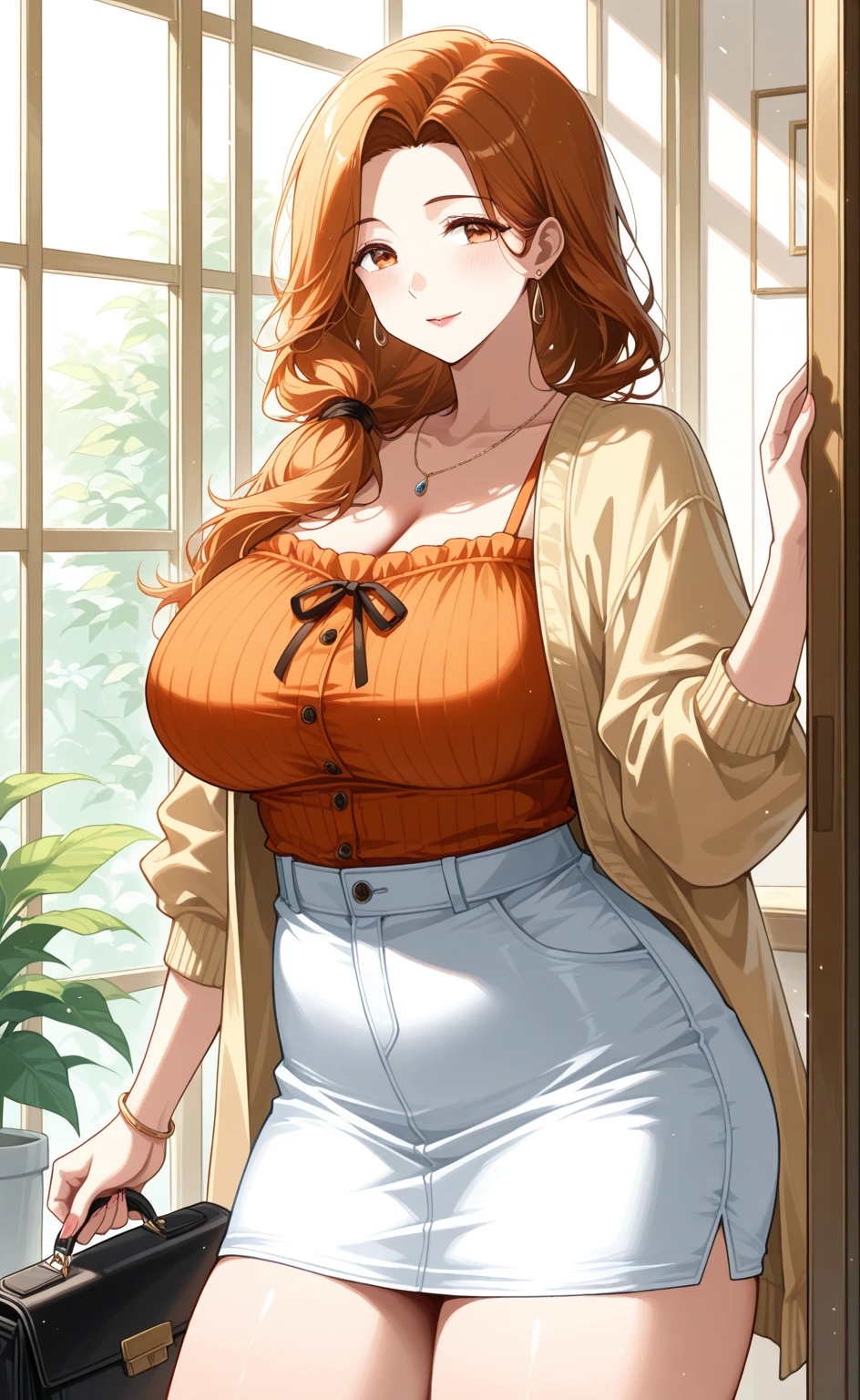 (High quality, High resolution, Fine details), Main Street, Ruffle Blouse, White pants, solo, curvy adult women, dark red hair, sparkling eyes, (Detailed eyes:1.2), smile, blush, Sweat, Oily skin, Natural makeup, Accessories, Soft tones, shallow depth of field