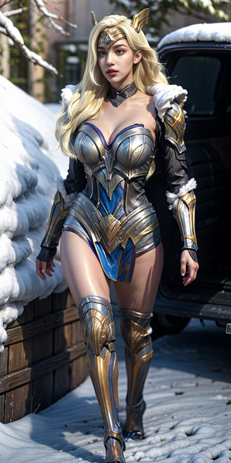 Gorgeous Woman, Valkyrie, Long blonde hair, blue eyes, detailed facial features, proportional hands, proportional fingers, leather armor, fur cape, viking ship,
