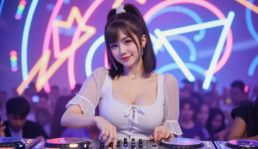 Masterpiece, best quality, ultra high res, 8k, (photorealistic:1.4), 1girl, makeup, (dynamic poses:1.2), (large breast:1.2), DJ mixer, headphone, microphone, fingerless gloves, sexy bodysuit, short jacket, long white hair, happy face, solo, on stage, outdoor, (crowded:1.1), sound system, lively atmosphere, music festival, daylight, afternoon, hot, live show, crazy <lora:koreandolllikenessV20_v20:0.6>