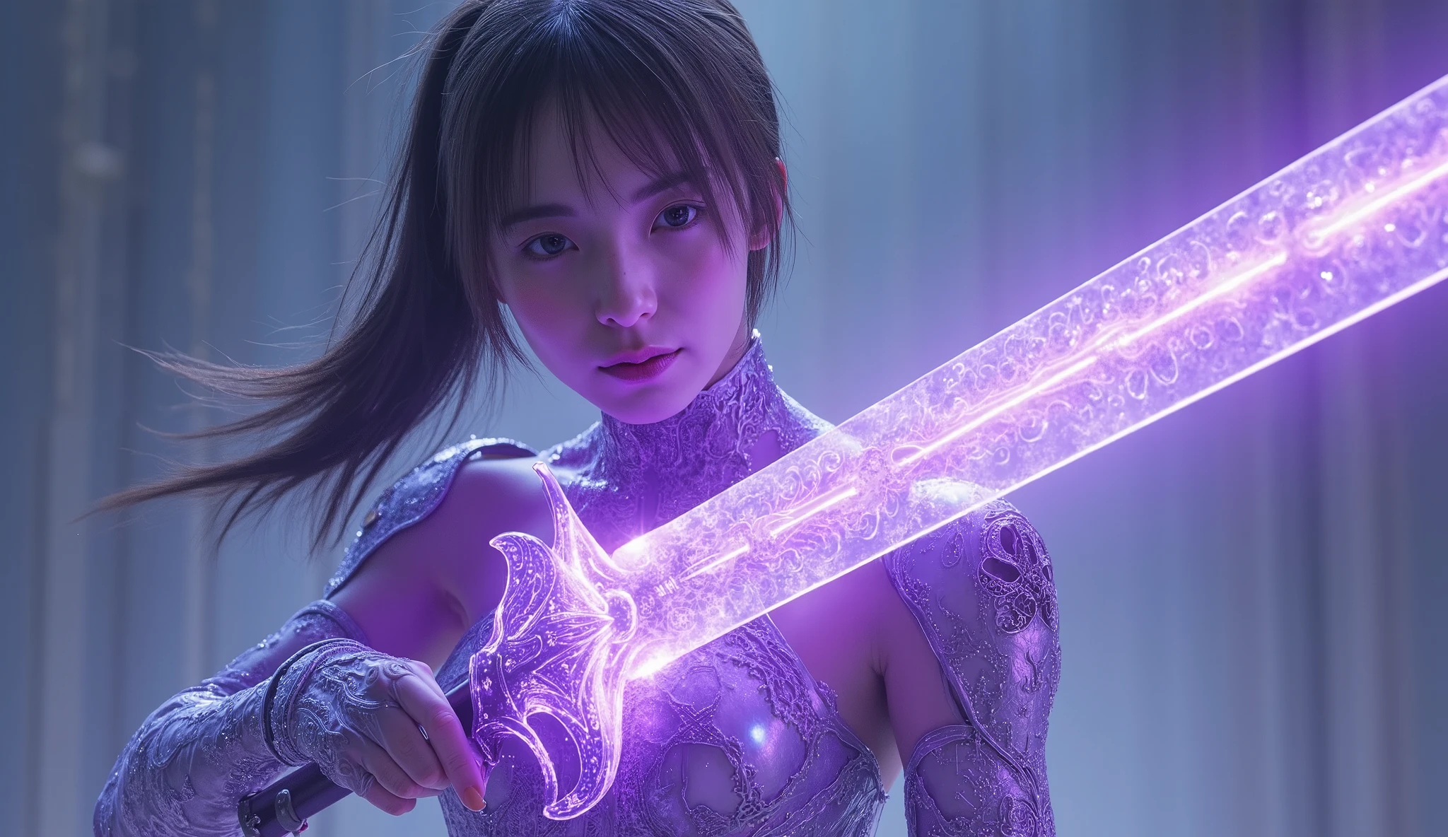
Picture of a Cyborg Woman in a Clear Purple Dress and Holding a Sword with Holographic Details, Knights of the Zodiac ,   mechanical valkyrie  ,  Ayaka from Genshin Impact ,  Valkyrie Anubis Mysterious , Knights of the Zodiacの少女, [ Tarot ]!!!!!, Not You , yuyushiki, Goddess of Thunder , Goddess of Pain - Masterpiece, Full body portrait of a magic knight , Yuuki Hagure
