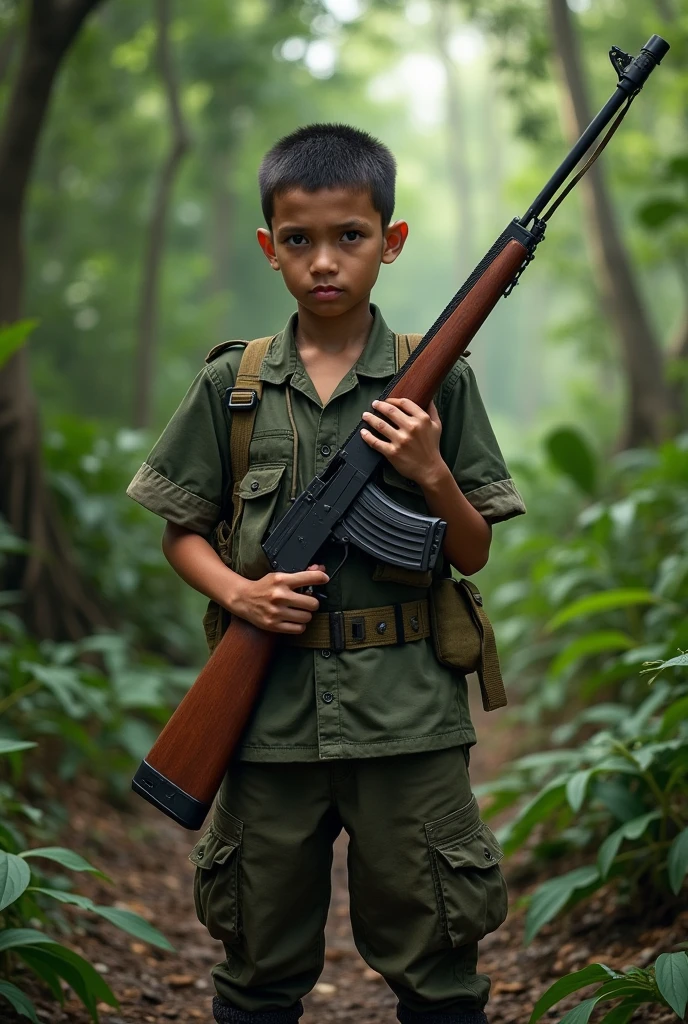 ,Develop an ultra-realistic image of a PARAMILITARY CHILD,GUERRERO ,QUE FUE ATRAPADO,  , Imagine him handcuffed in a rustic environment AND MILITARY AROUND HIM