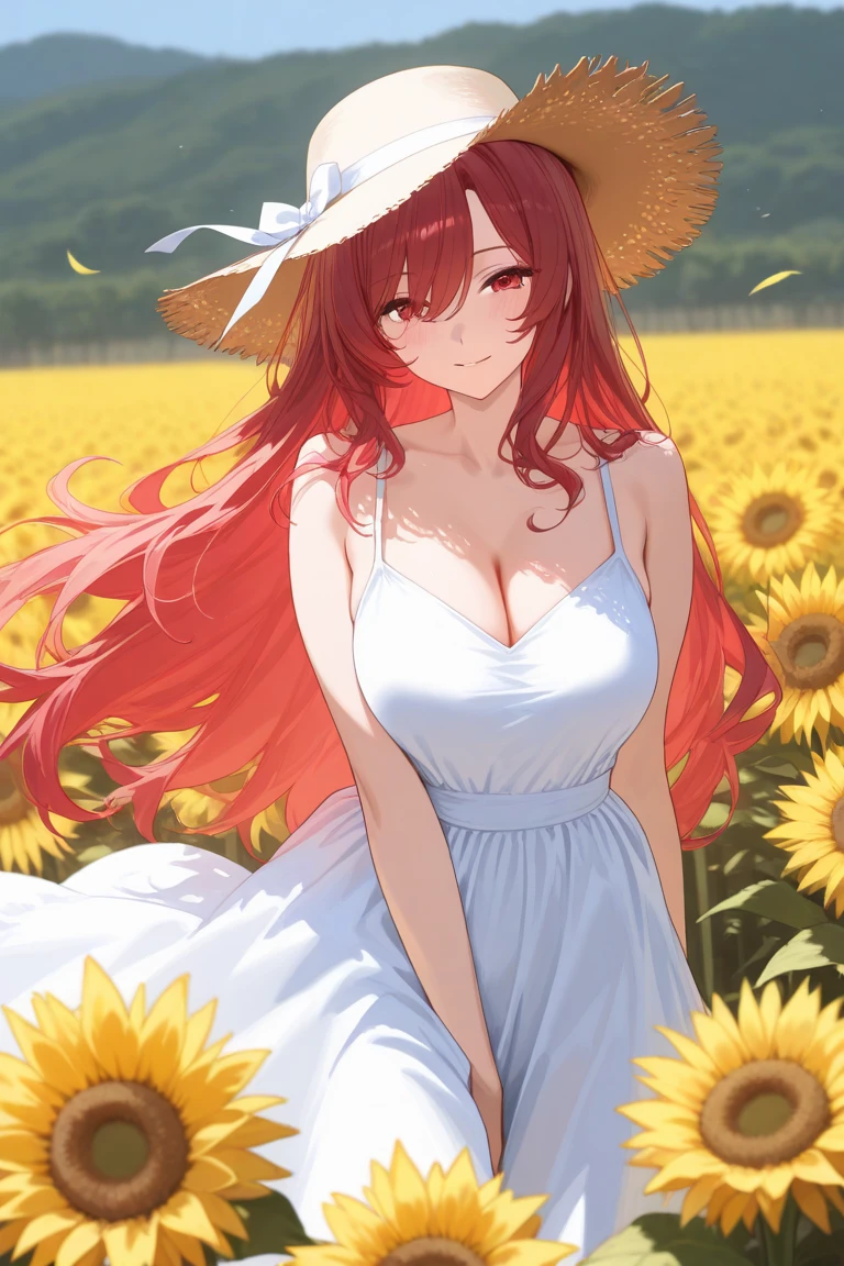 masterpiece, best quality, 1girl, solo, orange hair, very long hair, straight hair, french braid, blue eyes, large breasts, white dress, summer_dress, cleavage, off shoulder, smile, sunflowers, arms behind back, looking_at_viewer