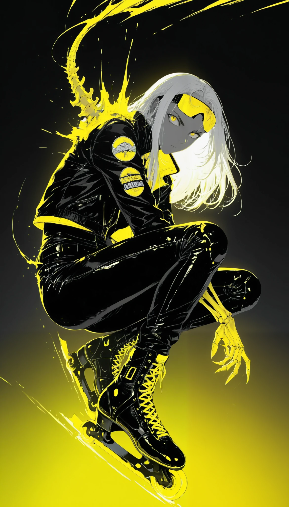 top of a detailed boy,(((black to yellow gradient background))),(backlight:1.5),(dark environment:1.5),Tracera yellow light,bright yellow eyes popping out against the background, disheveled white hair,black leather jacket,long pants,racing glasses on the forehead,(serious and calm expression almost expressionless),monochrome,grayscale,yellow eyes on the background,messy line art,muscular,skeletal arm,Crouching,( skates), skates con ruedas,(Floating),flying,manos alafo de los skates ,dynamic pose