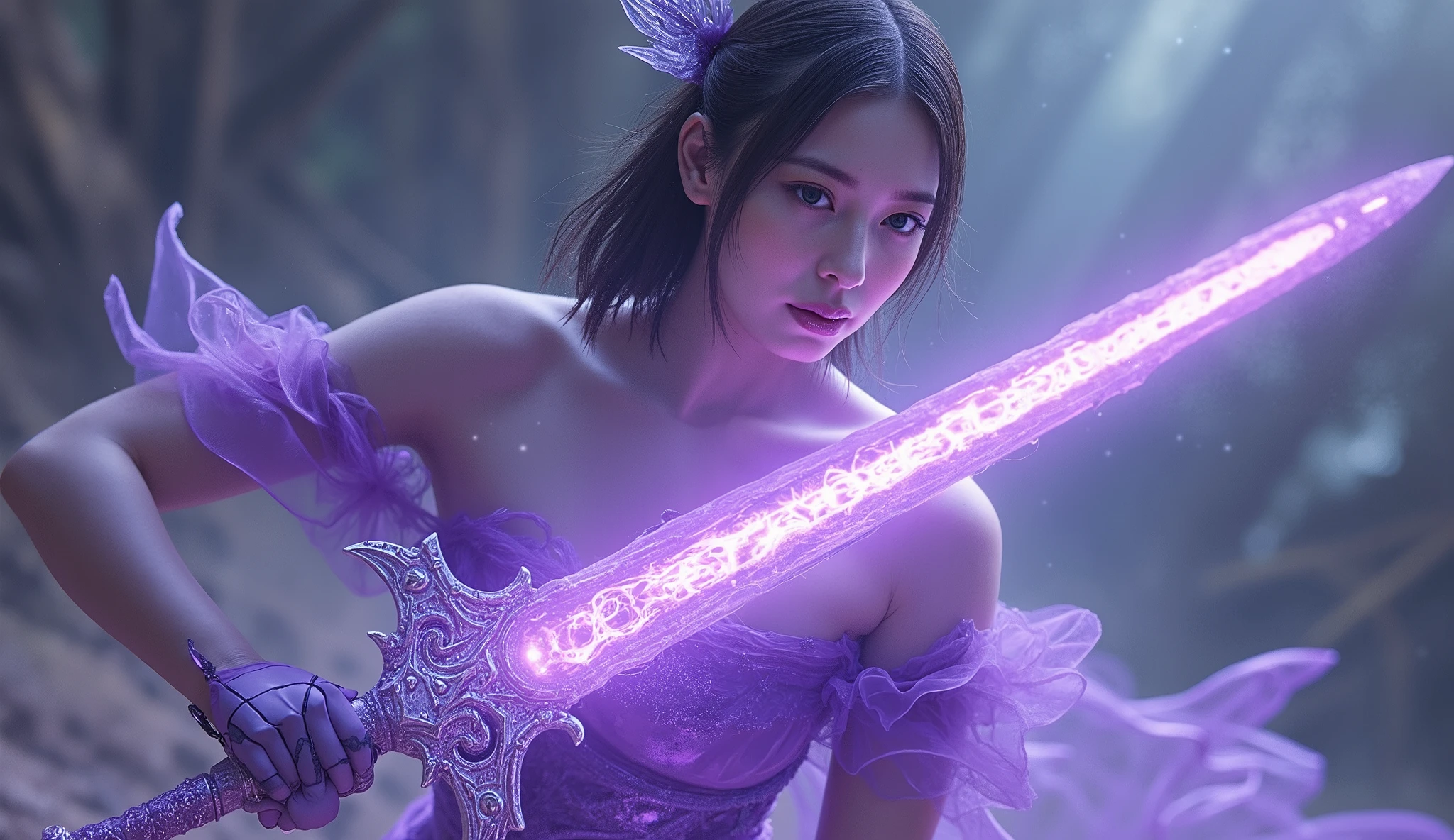 
Picture of a Cyborg Woman in a Clear Purple Dress and Holding a Sword with Holographic Details, Knights of the Zodiac ,   mechanical valkyrie  ,  Ayaka from Genshin Impact ,  Valkyrie Anubis Mysterious , Knights of the Zodiacの少女, [ Tarot ]!!!!!, Not You , yuyushiki, Goddess of Thunder , Goddess of Pain - Masterpiece, Full body portrait of a magic knight , Yuuki Hagure