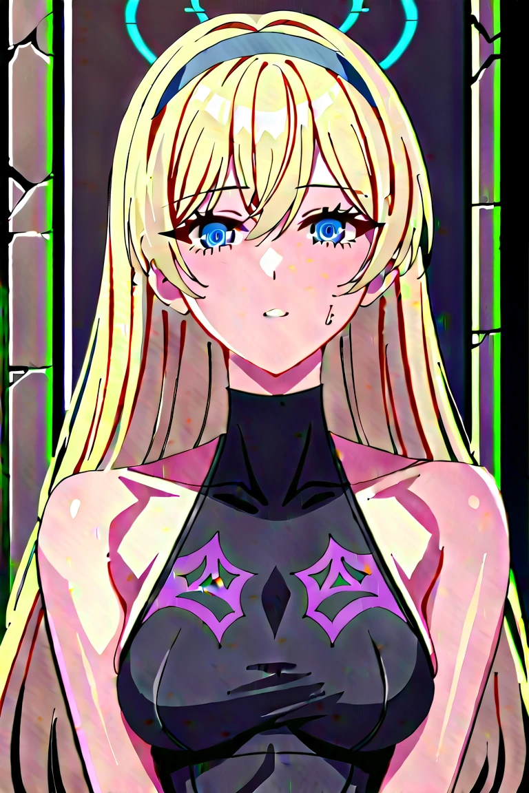 1 girl , blond hair , long hair, dark pikn bra, upper body, blue eyes, anime girl,