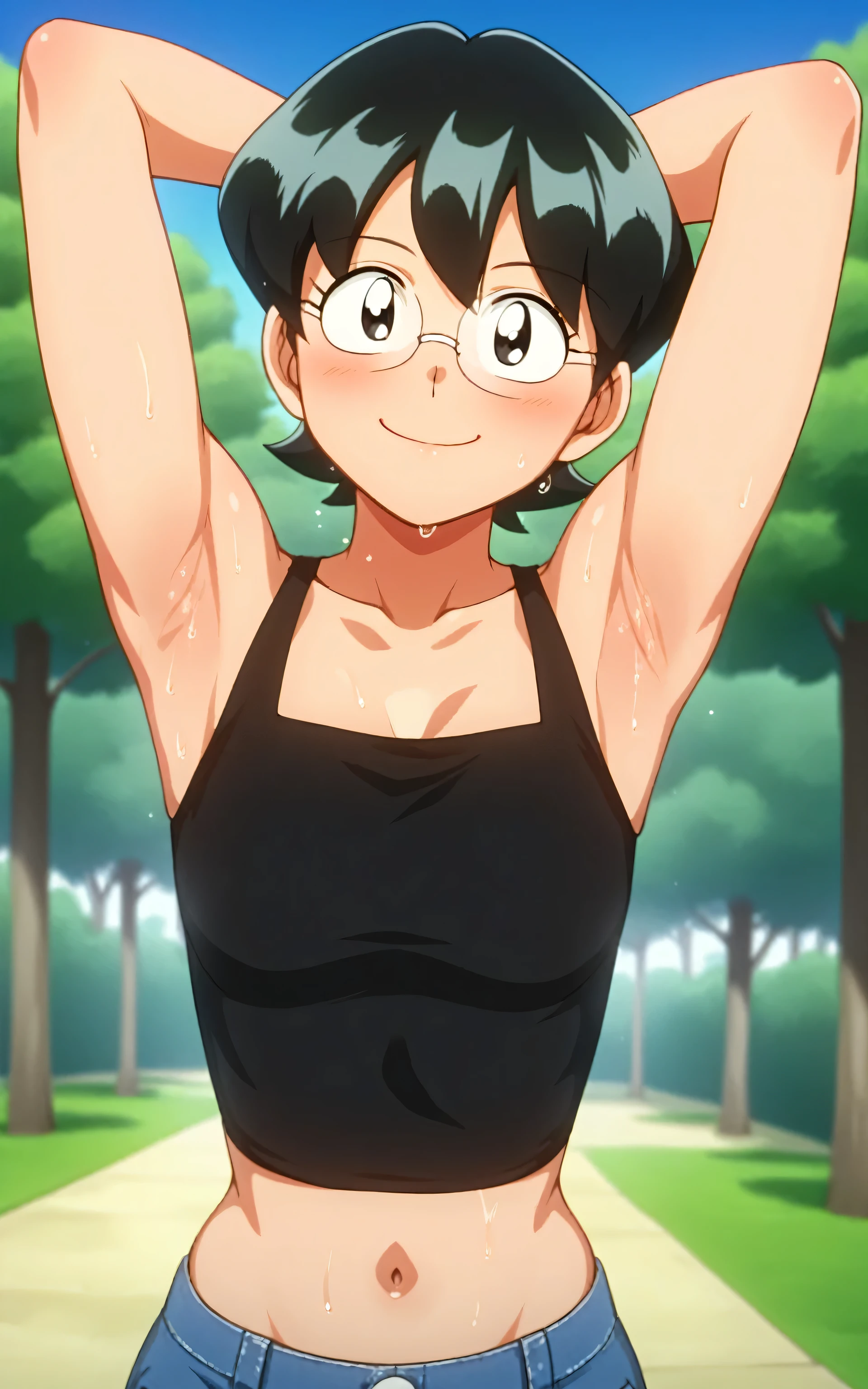 score_9, score_8_up, score_7_up, source_anime, anime coloring, masterpiece, best quality, amazing quality, anime screencap, 1girl, solo, tamako nobi, black hair, black eyes, glasses, black crop top, collarbone, navel, (cleavage:0.7), jeans, medium breasts, bare shoulders, bare arms, arms behind head, armpits, head towards viewer, looking at viewer, smile, blush, closed mouth, outdoors, day, park, armpits focus, Doraemon style, retro anime style, skindentation, sweaty
