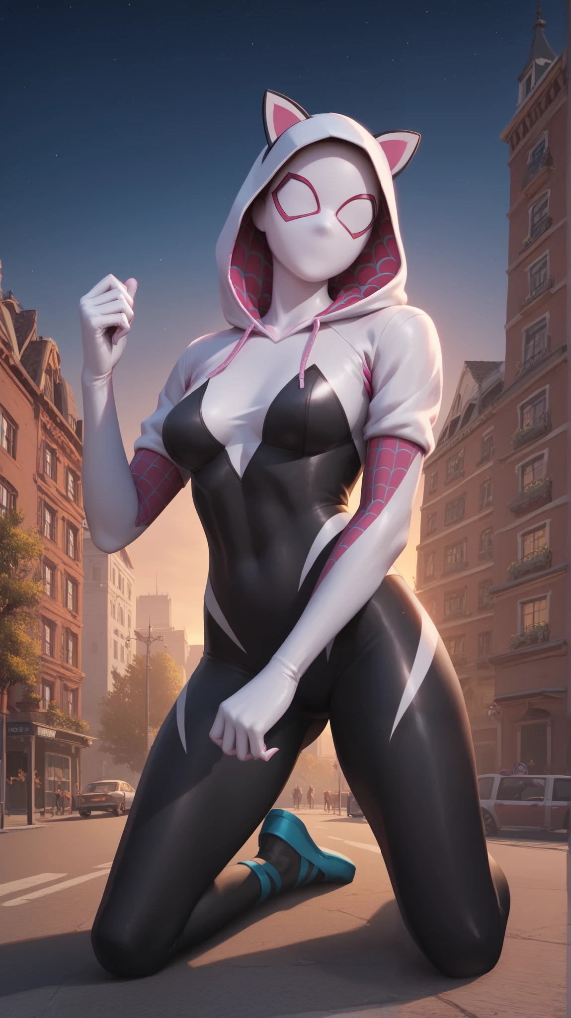 Masterpiece , best quality , Masterpiece , best quality , Spider Gwen , 1 woman, mask , abdomen , big breasts , Long legs , Put your hands on your hips...... , canvas shoes , alley