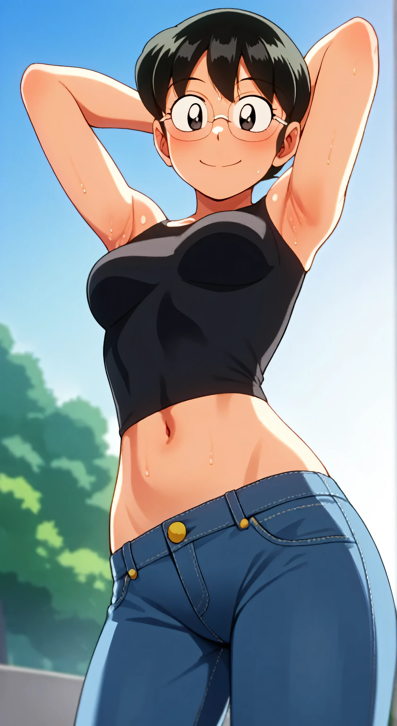 score_9, score_8_up, score_7_up, source_anime, anime coloring, masterpiece, best quality, amazing quality, anime screencap, 1girl, solo, tamako nobi, black hair, black eyes, glasses, black crop top, collarbone, navel, jeans, medium breasts, bare shoulders, bare arms, arms behind head, armpits, head towards viewer, looking at viewer, smile, blush, closed mouth, outdoors, day, park, armpits focus, Doraemon style, retro anime style, skindentation, sweaty, from below