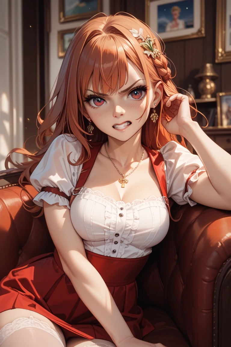 1 girl, demon warrior, enchanting costume,inside school, big breasts, beautiful body, pretty face, medium long hair, cleavage, red lips, smiling face, red ribbon, black boots, boyish, pantyhose, panties, one-piece dress, miniskirt