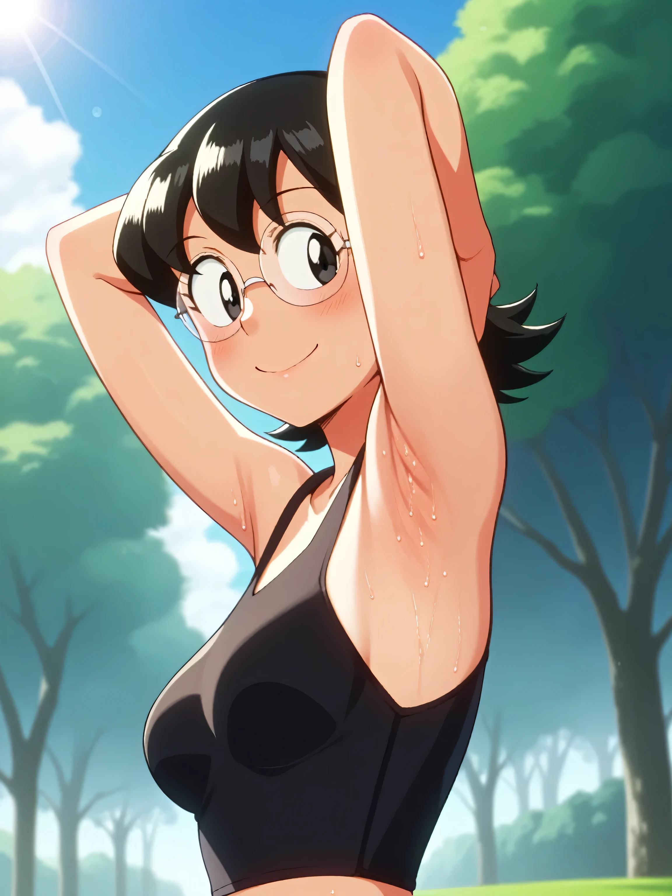 score_9, score_8_up, score_7_up, source_anime, anime coloring, masterpiece, best quality, amazing quality, anime screencap, 1girl, solo, tamako nobi, black hair, black eyes, glasses, black crop top, collarbone, medium breasts, bare shoulders, bare arms, arm behind head, armpit, head towards viewer, looking at viewer, smile, blush, closed mouth, outdoors, day, park, armpits focus, Doraemon style, retro anime style, skindentation, sweaty, from below, from side