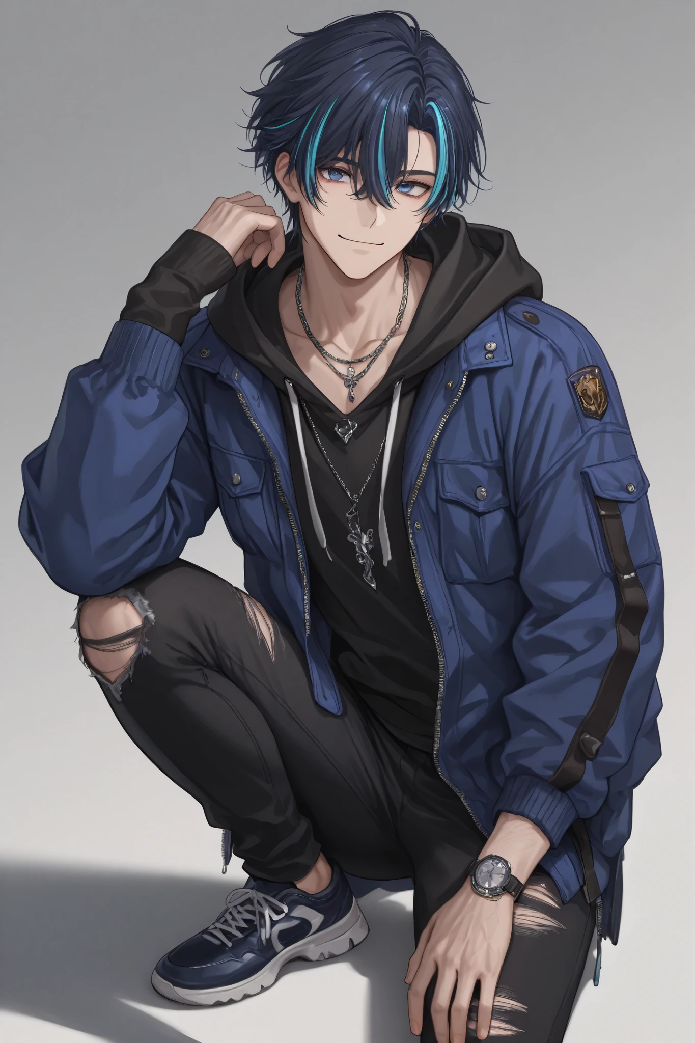 (masterpiece), (highest quality), (very detailed), (the best shape), (best shadows), (absurd), (so beautiful), beautiful eyes in every detail, unusual, 8k, 32K, high resolution, very detailed e CG, score_9, score_8_high, score_7_high, Those_anime_series, cinematic, 1man solo, male focus, (streaked hair:1.5), dark blue hair, blue hair, short hair, blue eyes, intricate outfit , intricate fabric , dual tone clothes, blue coat , (large hoodie) , torn pants , casual shoes , necklaces, muscular, sexy man, handsome, solo,
mature, handsome, sexy man, sensual, pale skin, lean, muscular, cool, high fashion, hoodie with a black jacket, black pants, smiling, white background