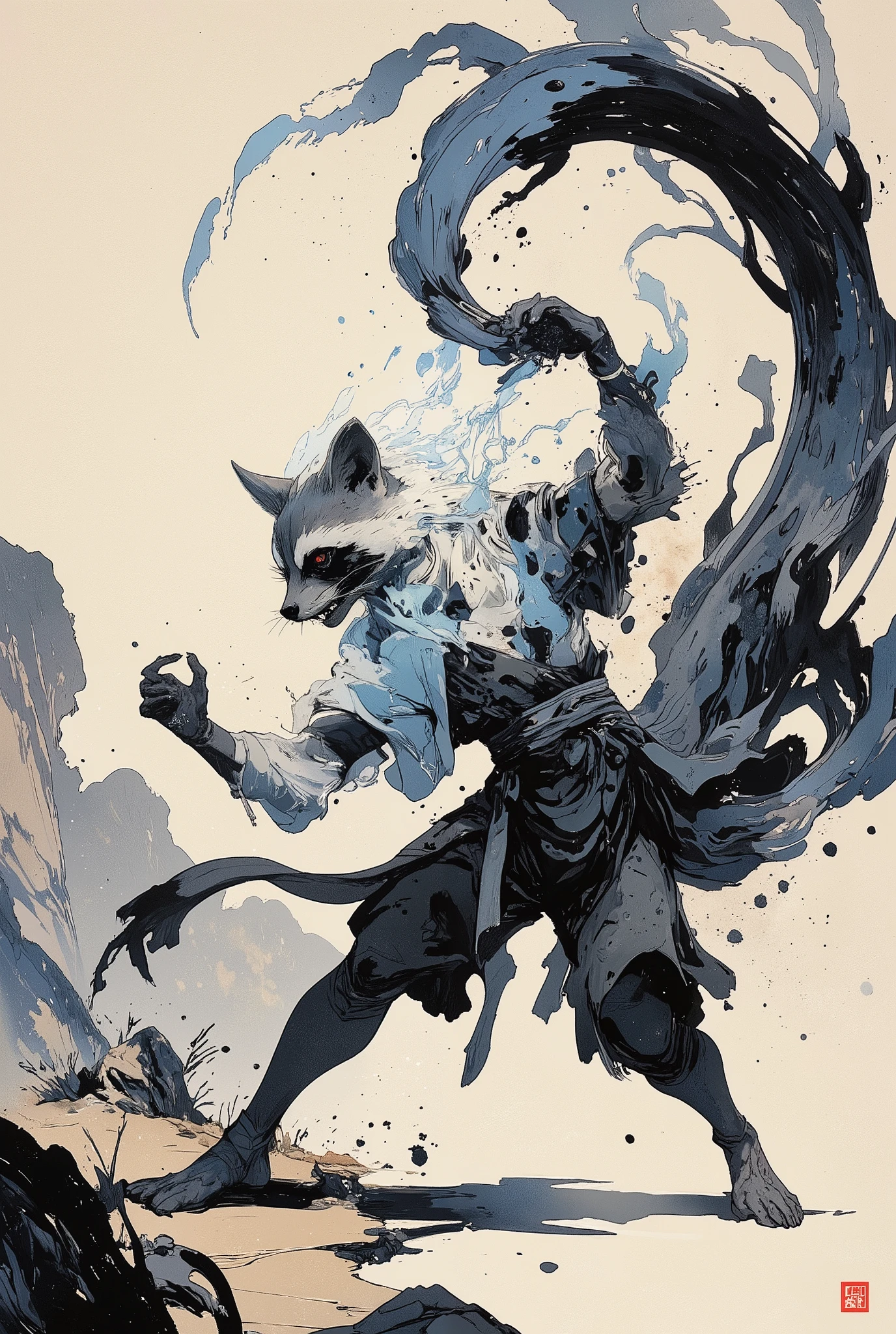 (best quality)))、(super high image quality)、(Super Detail)、(detailed description)、(Best CG ))、(masterpiece)、ArsMJStyle、(Zen ink wash painting)、raccoon , ランダムなシチュエーション,背後からのアングル,忍者衣装,(aura:1.3),回し蹴り