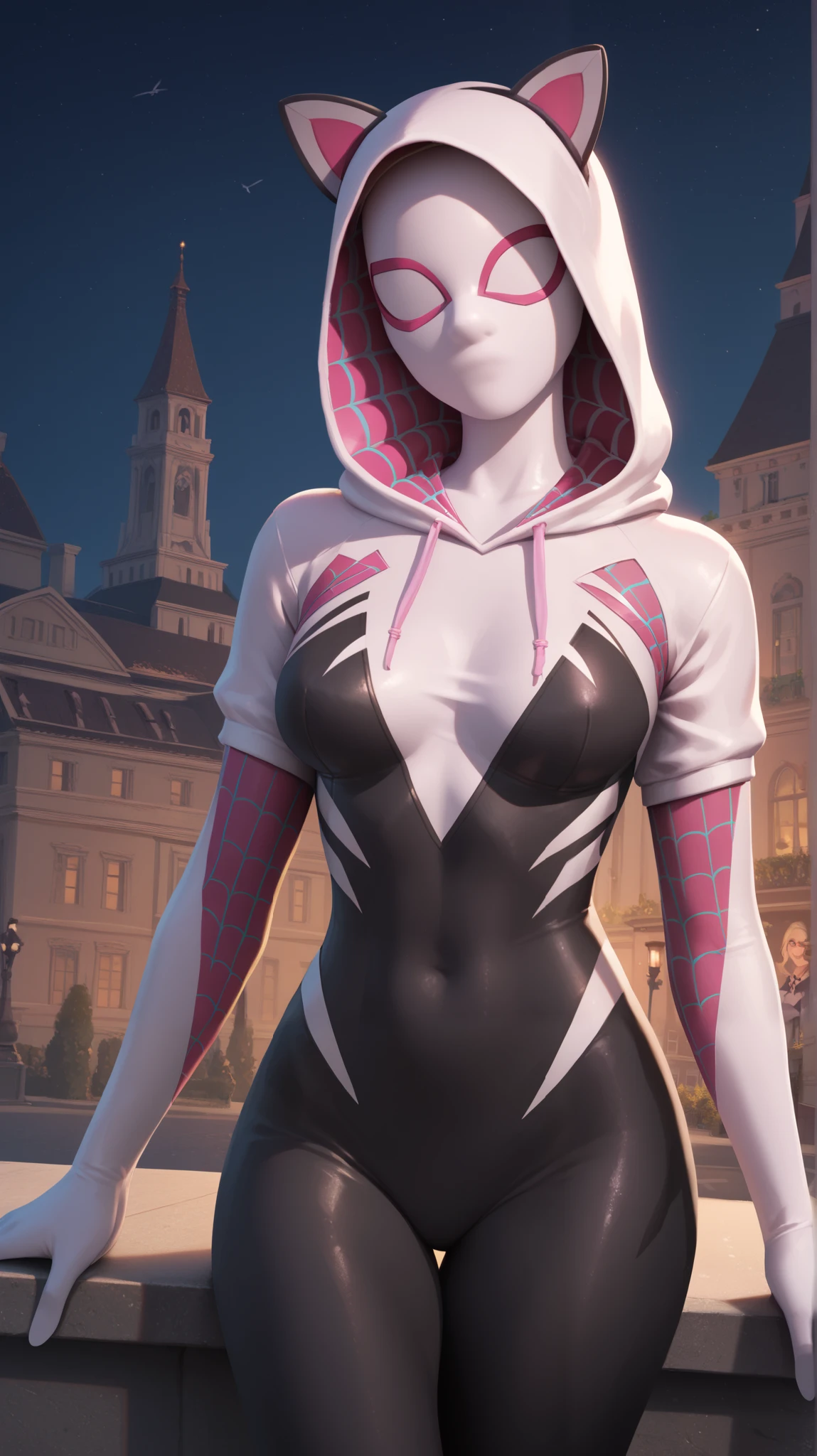 girl (masterpiece), Head covered with a Gwen spider mask, covered face, Hoodie with cat ears, evening, (masterpiece), evening, Spider-Gwen tight suit, white with black,Spider Gwen's arachnid pose,outside on top of a building,