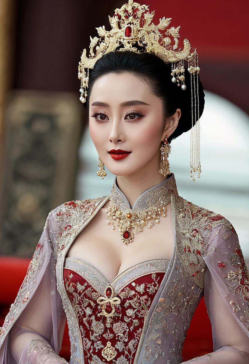 Close-up, Portrait, Chinese, 30 years-old, One of the three most beautiful women in the Chinese, A beauty known all over the world, (light Black hair, beautiful lip, serious, earring ), (big breasts, slender whist, wide hip ) ,(Silk Chinese clothing、Royal clothing, Chinese shoes ), ,perfect fingers and nails, beautiful fingers and nails, in Chinese haven