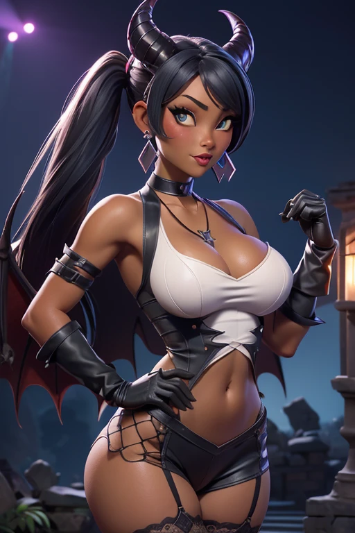 (masterpiece), best quality, expressive eyes, perfect face, front lighting, (outside village ruins on fire at night with moonlight background), (flying), (smirk), (cleavage view), (1girl, milf, nico robin, latina, dark skin, black makeup, black lips, long black hair with bangs, flat straight hairstyle, brown eyes, hourglass figure, skinny body, thin body, petite_body, large breasts, huge breasts, oppai, large cleavage, wide hips, thick thighs), (succubus, succubus outfit, torn clothes, ripped clothes, torn black v-neck laceup bandeau, strapless, sleeveless, croptop, exposed cleavage, torn black thong, torn fishnet stockings, torn fishnet gloves, devil wings, devil horns, devil tail, womb tattoo), 