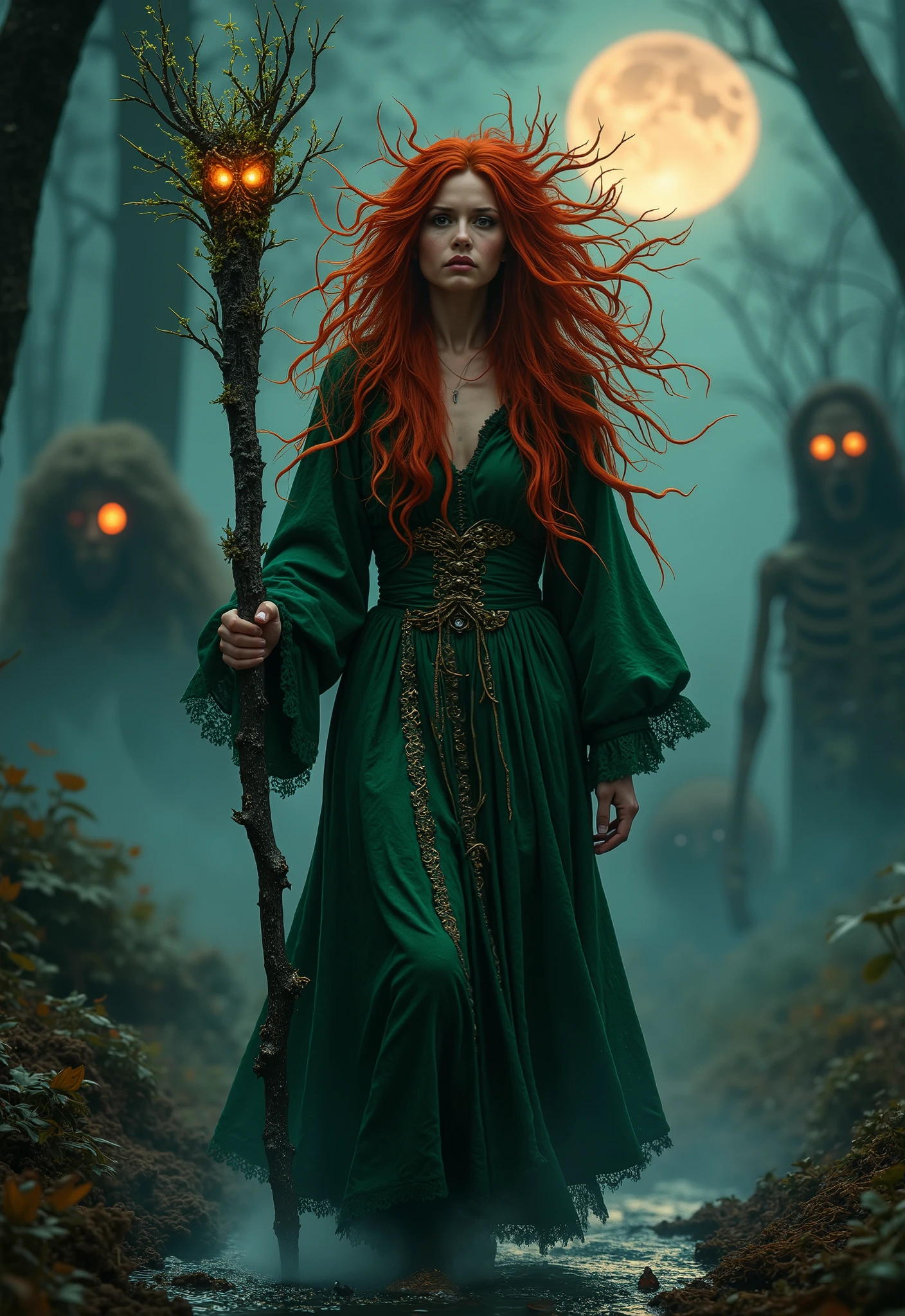 A high-quality, full-body, realistic image depicting horror and terror. A striking young woman with fiery red hair forming chaotic, tendril-like shapes. Her emerald-green ornate robe is interwoven with glowing, thorny vines. She clutches a magical gnarled black oak staff with growing bioluminescent sharp, thorn-like vines that crawl and twist across it. She walks along a stream fog forming on the ground of a dense, overgrown forest at twilight, with blurred and horrifying shapes that hint at twisted skelital bodies with glowing eyes in the background as a full blood moon illuminates the dark clouded sky. Her piercing gaze is filled with primal fear, reflecting the unseen horrors of the woods. [Negative prompts:  poor quality, low quality, bad quality, deformed, ugly, mutation, blurry, grainy, noisy, pixelated, watermark, signature, text, logo, deformed hands, bad hands, extra fingers, missing fingers, fused fingers, misshapen eyes, bad eyes, disfigured, malformed, poorly drawn face, bad anatomy, incorrect anatomy, cartoonish, anime, manga, sketch, drawing, 3d render, cgi, illustration, lowres]