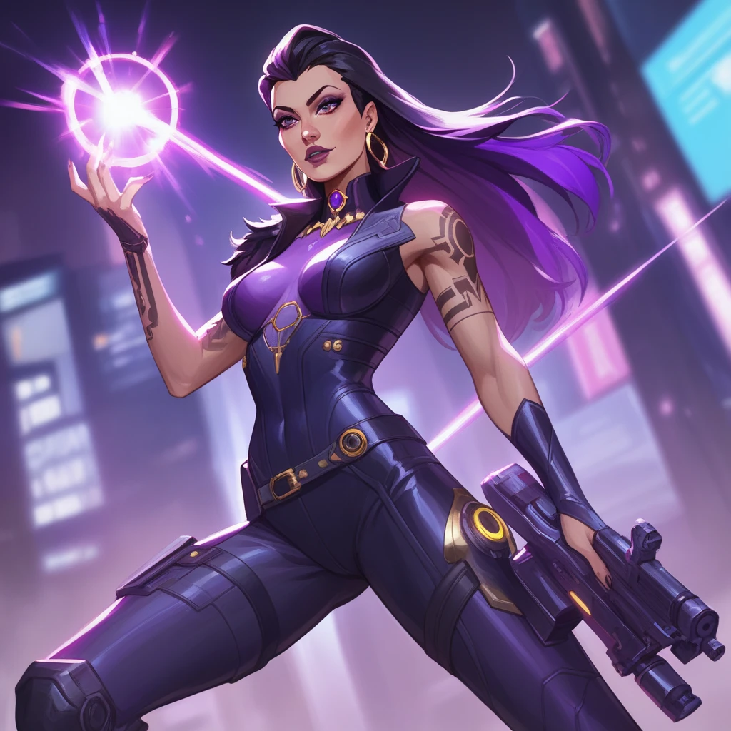 A busty Malaysian woman, sexy, fishnet translucent bodysuit, hijab, beautiful detailed eyes, beautiful detailed lips, extremely detailed eyes and face, long eyelashes, vibrant green eyes, confident smile, sleek black hair, dark skin with a radiant glow, attractive curves, sassy pose, standing tall near her purple combat mech, heat-themed symbols, cityscape backdrop, bustling urban environment, futuristic architecture, neon lights, vibrant colors, bustling crowd, a blend of modern and traditional elements, best quality, 4K, high-res, ultra-detailed, realistic, HDR, vibrant colors, professional, physically-based rendering, concept artists