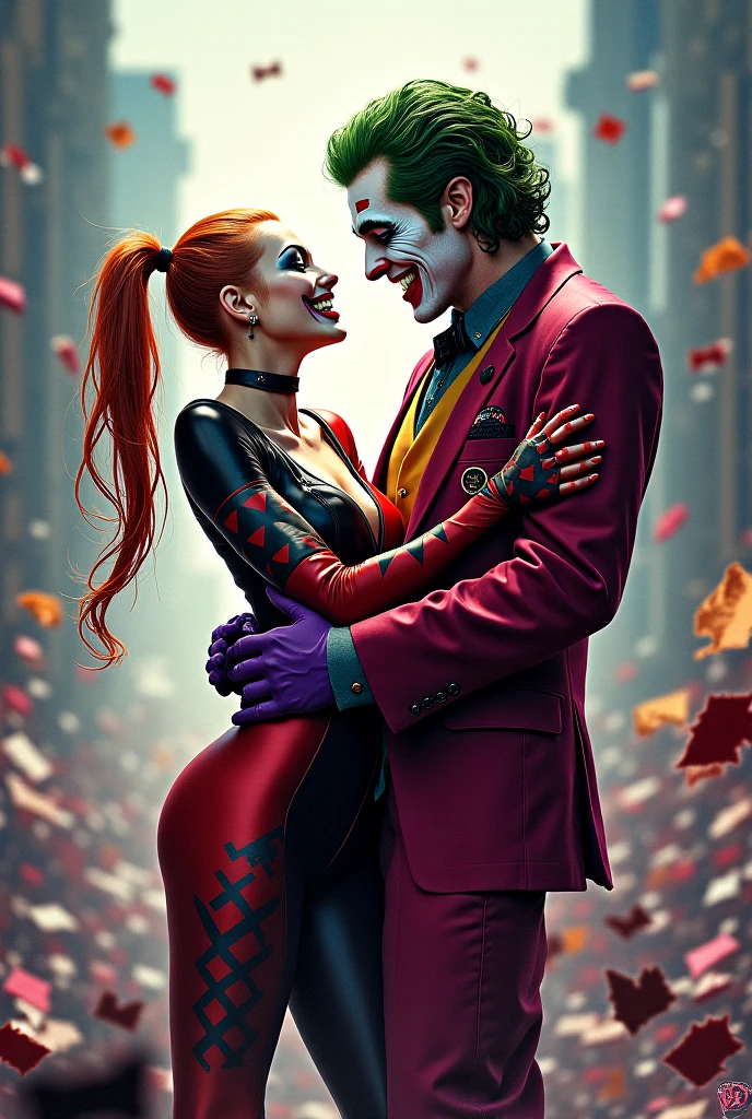 Harley Queen and Joker staring at each other aura hearts realistic characters
