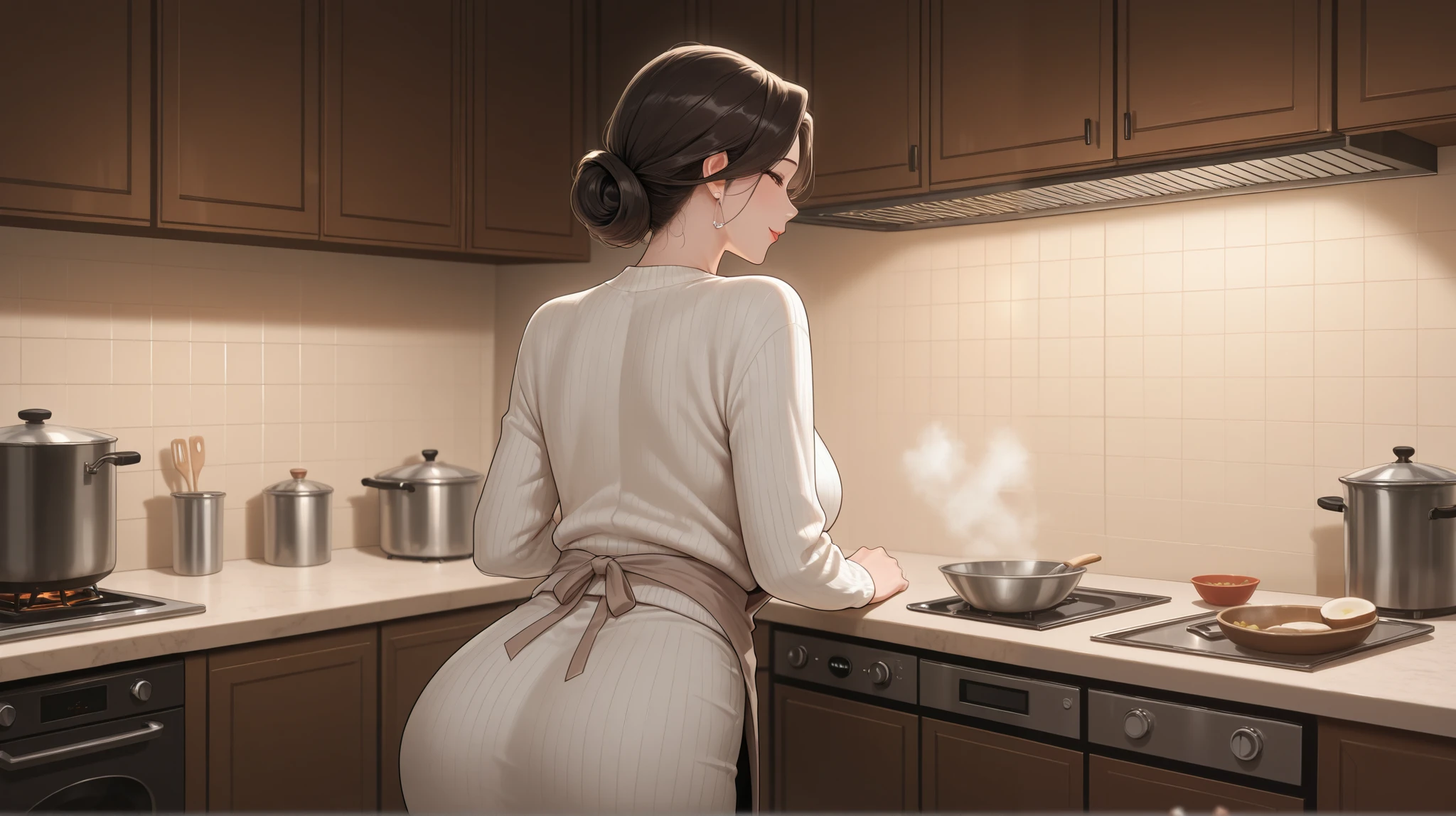 sole girl, MILF, housewife cooking in the kitchen, hidden face, standing, exposed clothes, turn her back on camera, detailed background, detailed arms, very long brown hair, high resolution, (symmetrical clear eyes:1.2), sense of depth, 16k, best quality, masterpiece, detailed illustration