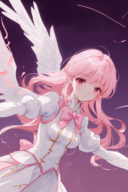 1_girl, (anime, kawai:2), (masterpeice, best_quality, clean:1.5), (sky_background:1.2), (cute, cute_smile, young:1.5), (delicate, extremely_delicate, beautiful, thin:1.5), (girlfriend, angel:1.8), (green_eyes, simple_eyes:1.8) (long_hair, blond_hair, wearing_pink_dress, pink_angel_wings, sexy_gloves:1.5), extremely_delicate, (love_magic:1.5), (age_size_fits_body), (small_thighs:1.3), (breasts), (eye_level:1.3), (heart_magic, love:1.5), (folded_legs:1.5), (combat:1.5)