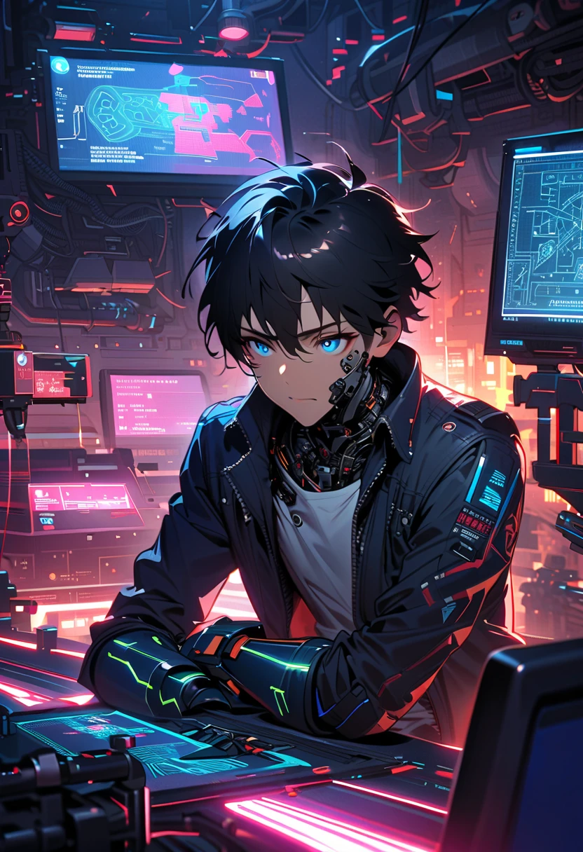 (nsfw5) (((1boy))), (((anime boy))), 20 years old, muscular body, black hair, latex suit, black latex, skintight no zipper neck entry latex suit, fullbody latex suit, shoulder plastic armour, ((wearing virtual reality headset1.5)), visible eyes, ((thick cables plugged on headset)), cat ears, cyborg, latex, cyberpunk, cyberpunk hospital, (thick cables plugged on crotch1.5), red lightning, mind reprogramming, ((corruption bodysuit)), blank stare, crotch bulge, restrained, (heads-up display), wearing black lipstick, (((cables plugged into cat ears3))), (((transformation into robot3))), (((assembly line arms5))), charging port on anus, (((charging cable plugged on anus3))), (battery percent level), charging station, robotic spine, cables plugged into spine, aquamarine suit lightning, open ring gag in mouth, (((super thick cable plugged on gag5))), progress bar on virtual reality headset