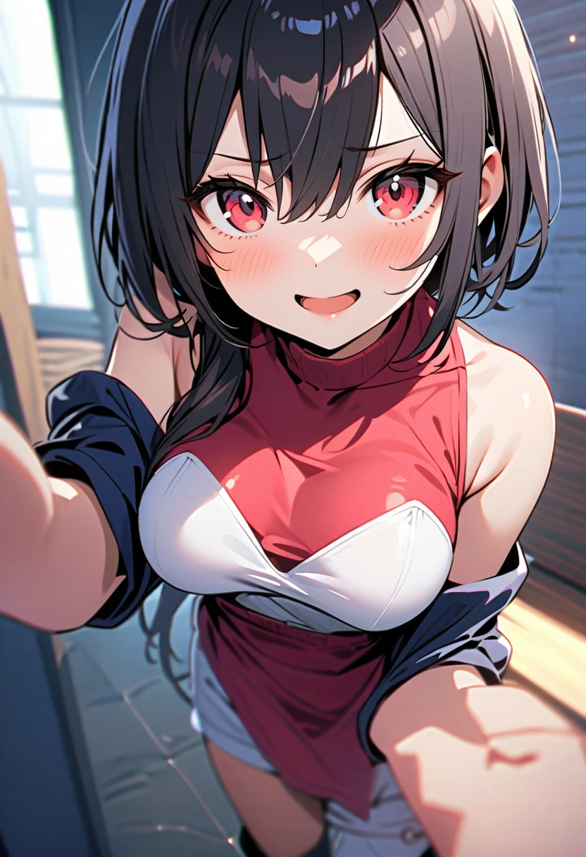 A short girl and black guy, girl wearing a oversized plain pink T-shirt seduces viewer while looking at viewer in the washroom, view from bellow, healthy thighs,
, , (evil smile:1.2), off-shoulder, long sleeve, tan skin, Saucy, blush,
The guy puts his hand on the girl's shoulder,
absurd-resolution, ultra-detailed, best quality, cute illustration, (((オイル肌、光沢のある肌、sweat,wet,下品))), ((steam))、(full shot:1.8)