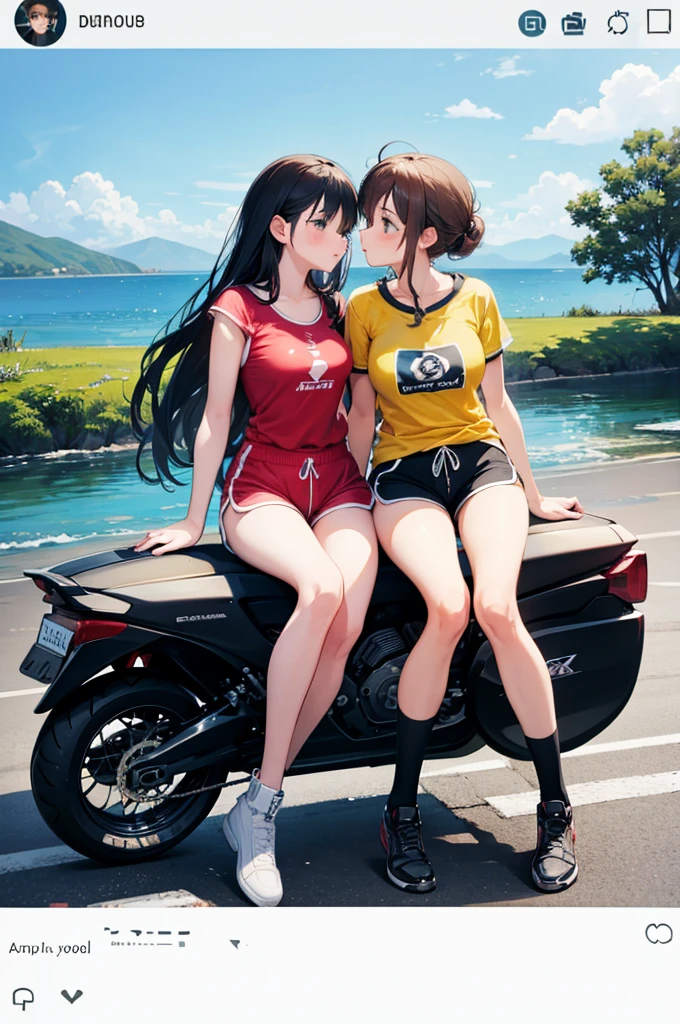 a couple of girls sitting on motorcycle saddle, a cartoon, happening, kissing together cutely, sport, animation still screencap, awwwww,dolphin shorts,