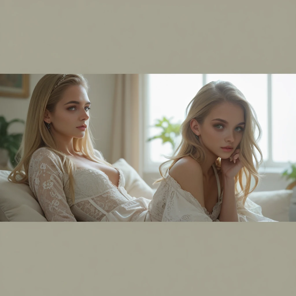 2 blondes, laying on the bed covered under the sheets up to their head. lingerie night robe. Scene photography, ultra detailed, ultra detailed skin, photoshoot. 8k