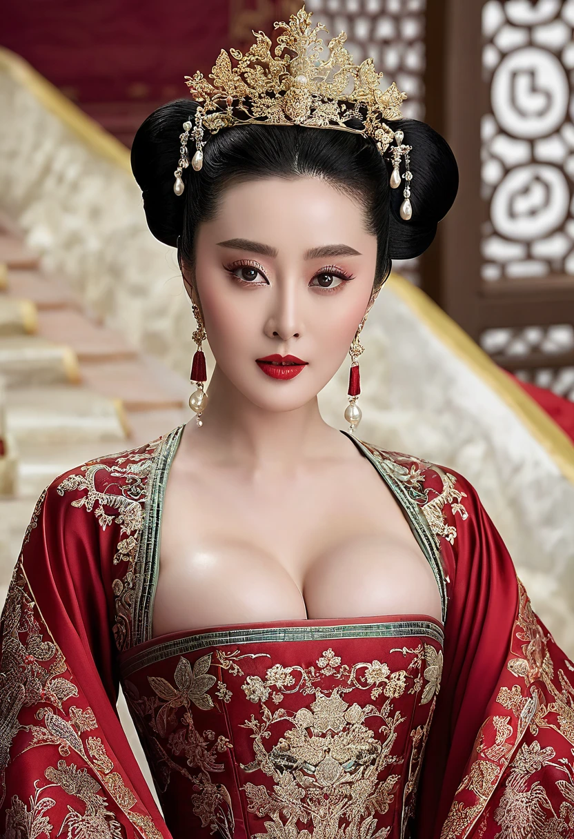 ((Realistic lighting, Masterpiece: 1.3)), (raw photo:1.2), Hyperrealist portrait gorgeous Beautiful tribal Chinese leader, mature woman, 40 years old, Milf, beautiful serious face, wrinkled face, beautiful detailed charming eyes, (pretty big breasts: 1.1), ((tribal red cape: 1.1), (tribal red gold strapless), (red tribal dress)), tribal loincloth, (tribal jewelry, tribal necklace, tribal diadem circlet), native American attire, tribal Palace background, legendary style, epic style, full body, (sit on throne: 1.2, tribal Palace background), professional photography, font view, very detailed faces, (garnet red lips, subtle makeup: 1.3), chignon hairstyle, full body, Best quality, 8K, colorful style