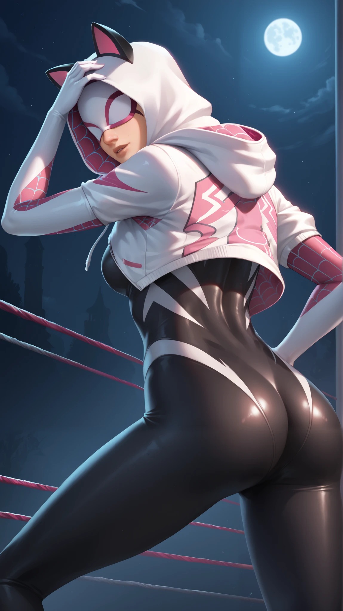 , 1 woman ,cute, solo, small breasts,beautiful detailed eyes, ,standing , sexy, nsfw, , chubby, , red beanie, brown hair, short hair, blue eyes, black lips, black lipstick, wet, whole body view, , spider gwen, bodysuit, whole body bodysuit, hood down, ass, back view