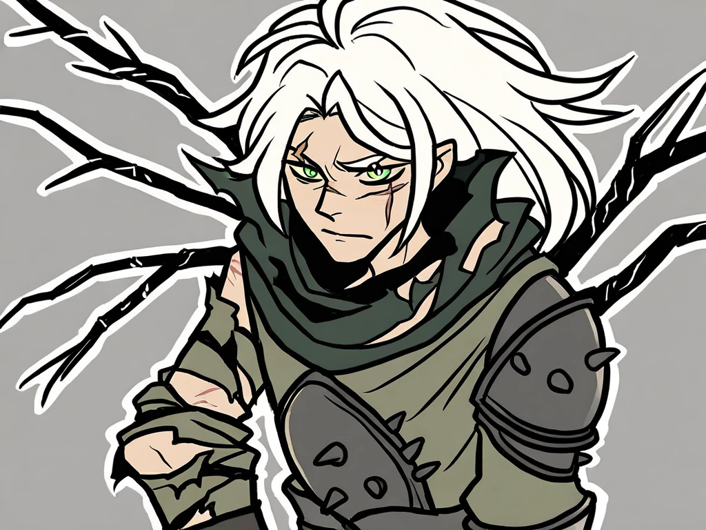 Make me a zombie girl with green skin, white short hair, ripped clothing, stitches, bandages too, she has black eyes with white pupils. She's angry and she's standing in the middle a dark alley. She's very zombie like.