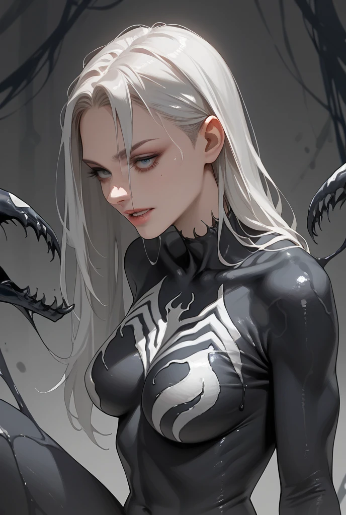 4K，realisticlying，Glamorous，The is very detailed，There is a girl in Dingcheng，Wearing a black Spider-Man costume，（Black and white：1.4） the night,symbiote，venomize，a large amount of mucus,she is a spiderman，Black superhero theme，In front of the sky，Flushed complexion，( Open legs， camel-toe，， Vulvar shape：1.3） ,(Hold the wrist of one hand，Place the wrist of the other hand in front of your abdomen),long  white hair，25 age old，full bodyesbian