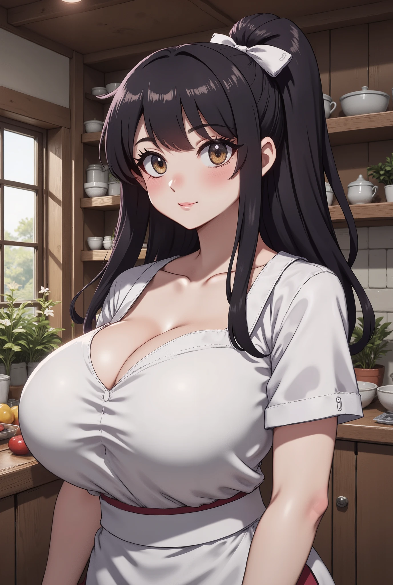Anime girl with big breasts sitting on kitchen table, oppai, Big breasts!, Big breasts!!, with a big chest, Seductive Anime Girl, with large breasts, SFW huge breasts, very detailed Artgerm, range murata and artgerm, (SFW) safe for work, Big breasts, Makoto Shinkai and ArtGerm, Voluptuous body, curvy body, Tifa Lockhart, Naughty anime style, plus size model, Scruffy body,Erotic cartoon style body, Married woman's big ass,Eros of a married woman, Married woman style, Married woman atmosphere