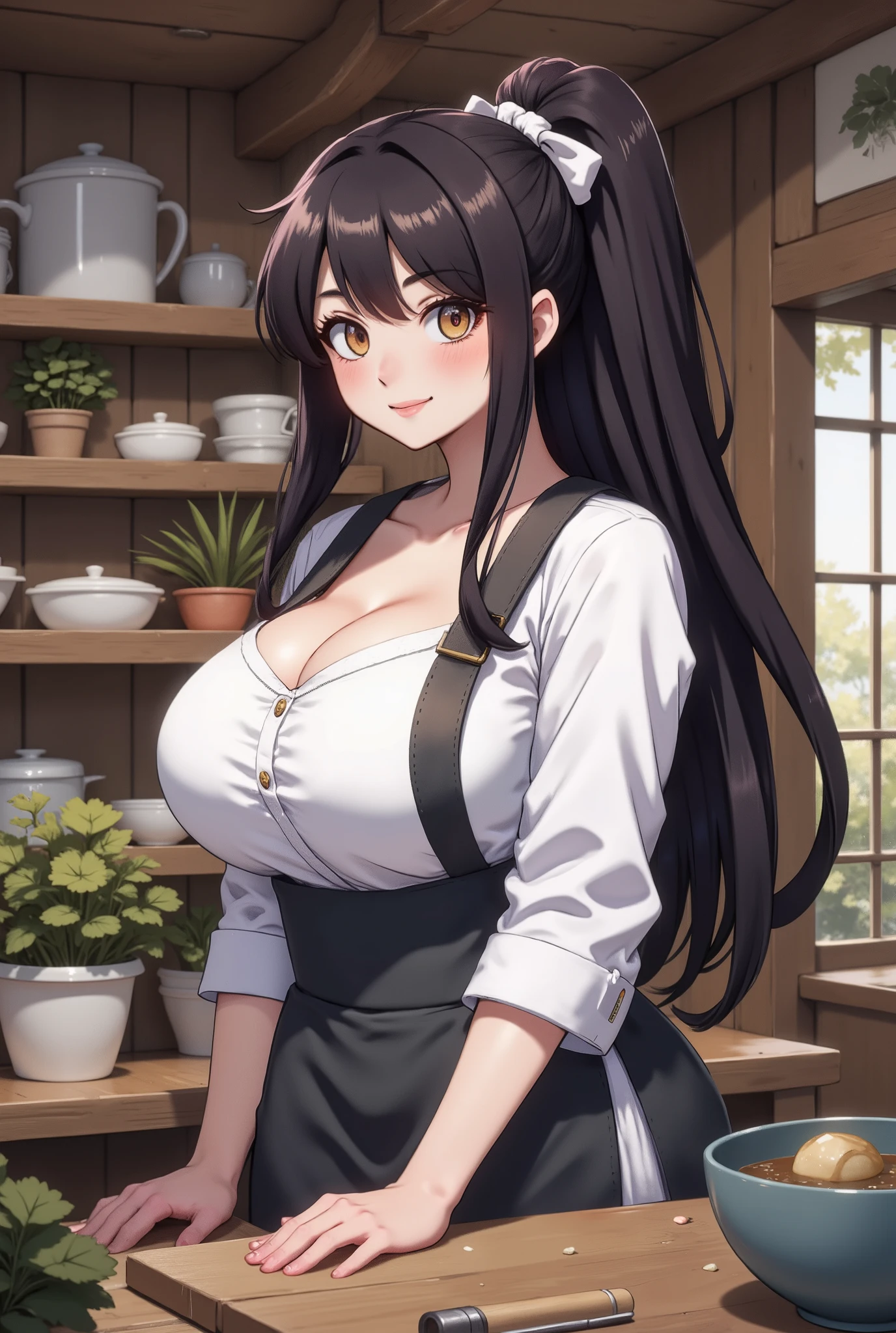 Married Woman 38 years old Brown long hair The background is the living room Huge breasts P cup Tear mole She is wearing an apron and a T-shirt, and her chest is as big as a globe.