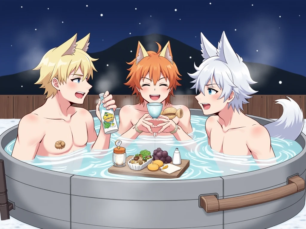 art style of mo dao zu shi hybrid character with wolf ears,masculine and dominant gender, short wolfcut white hair , purple raven iris eyes,pale skin,mature appearance and pale body, thin and delicate. Do it in a wooden bathtub with hot water with a smile,