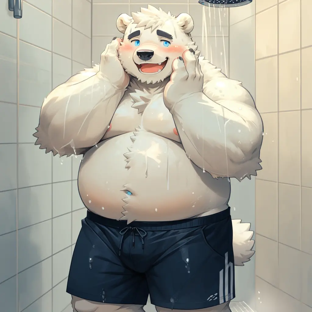 New Jersey 5 Hairy,polar bear,Full body portrait of an individual,exquisite, chubby,Fat,thick arms,Rugged muscles,naked,White plush fur,chubby脸,light blue eyebrows,sky blue eyes,beard,Soaked shorts,bath towel,Scrub in the bath,take a shower,sweating,stand,Bathroom room,in the room