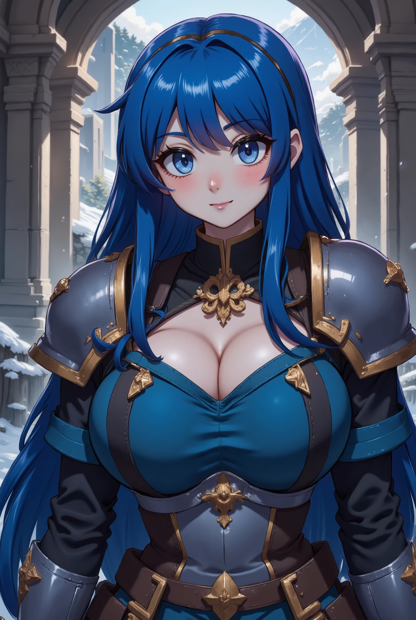 gigantic breasts, big nipples, blue hair, sword hilt, mountain background, smiling,