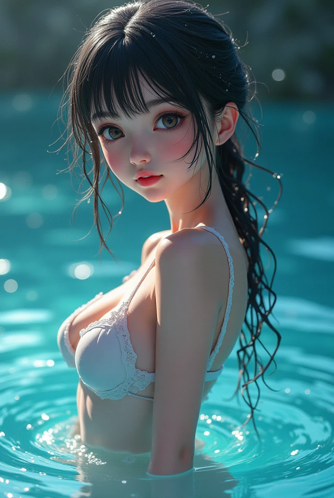 One girl, Long Hair, chest, bangs, Blushing, 大きなchest, tongue, Anatomically correct, In underwear,just out of the bath,naked