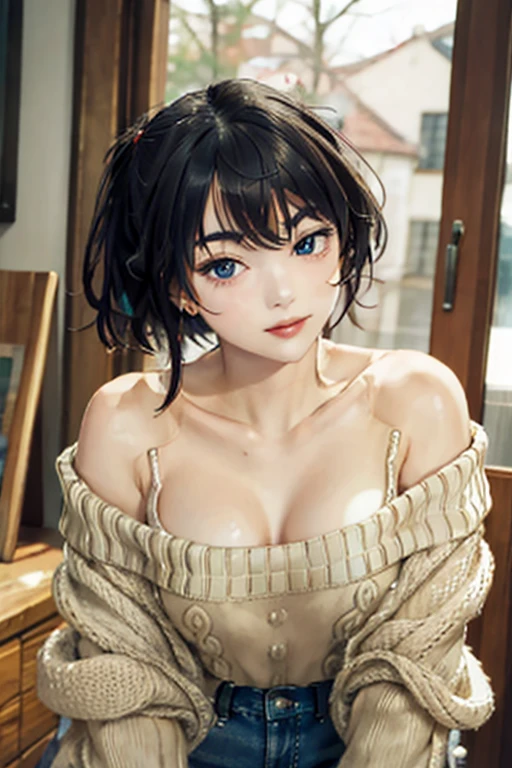 ((best quality)), ((masterpiece)), (detailed), 1 humble girl, off-shoulder sweater, sheer thong