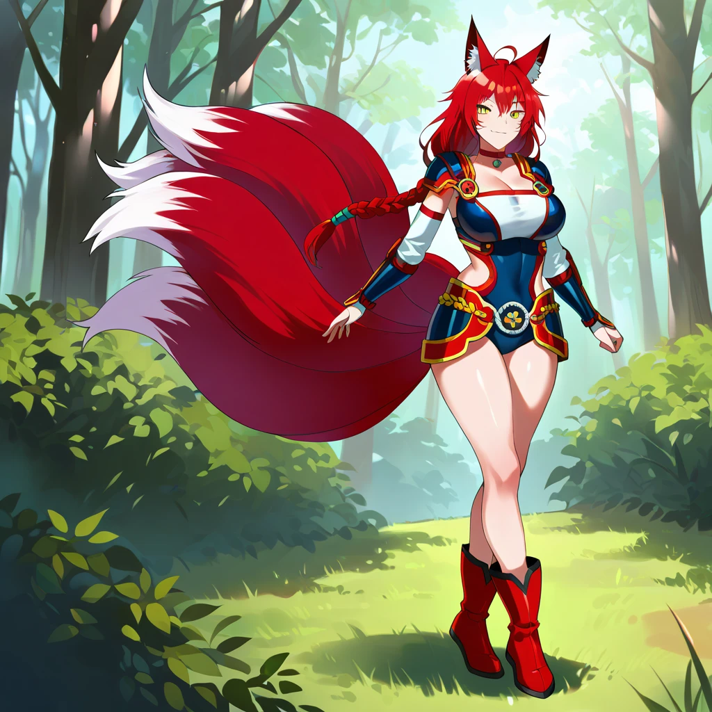 Masterpiece, 1fox girl, blue fox ears, (blue fox tail), full body, perfect face, perfect body, perfect breasts, medium hair, blue hair, sexy red leotard, shoulder pads, crimson armored boots, crimson armroed gauntlet, gloves, black gloves, full gloves, standing, tail, yellow eyes, looking at viewer, meadow, day, Genshin Impact style