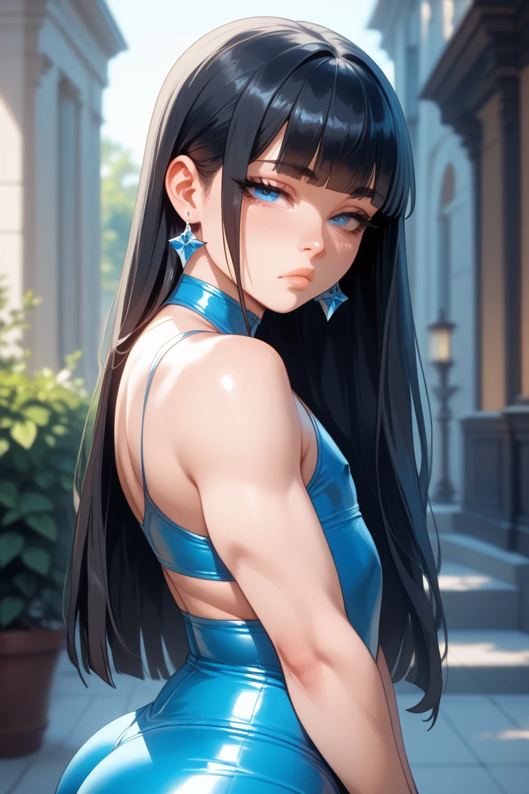 highest quality、Realistic、zoom、girl、Chestnut Hair、Light blue eyes、Long Straight Hair、Hero Suit、White bodysuit、Tanned black body、Tan、Brown Skin、slender、Sweat、smile、