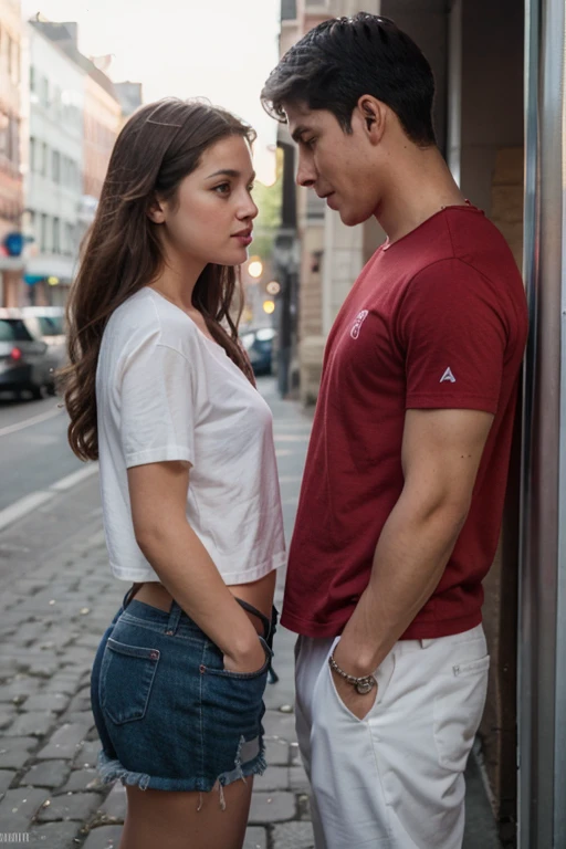 Una mujer morena junto con un hombre de tez blanca, ambos de espaldas viendo a la ciudad,secretly holding hands on a balcony, con ropas juveniles, ambos son universitarios