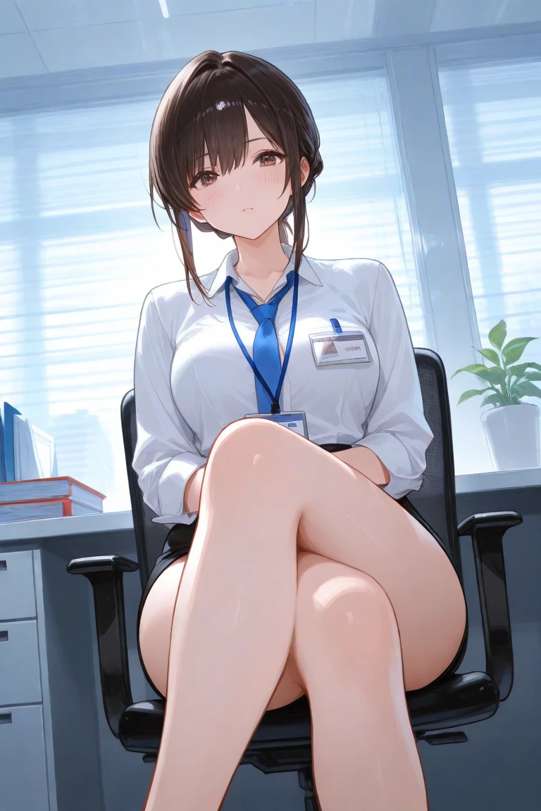 highres, masterpiece, perfect ligthing, bloom, cinematic lighting, adult, perfect skin, female,1girl, female masturbation, office lady, office, pencil skirt, skirt lift, spread legs, pussy, white shirt, lanyard, thighhighs, coffee mug, suggestive fluid