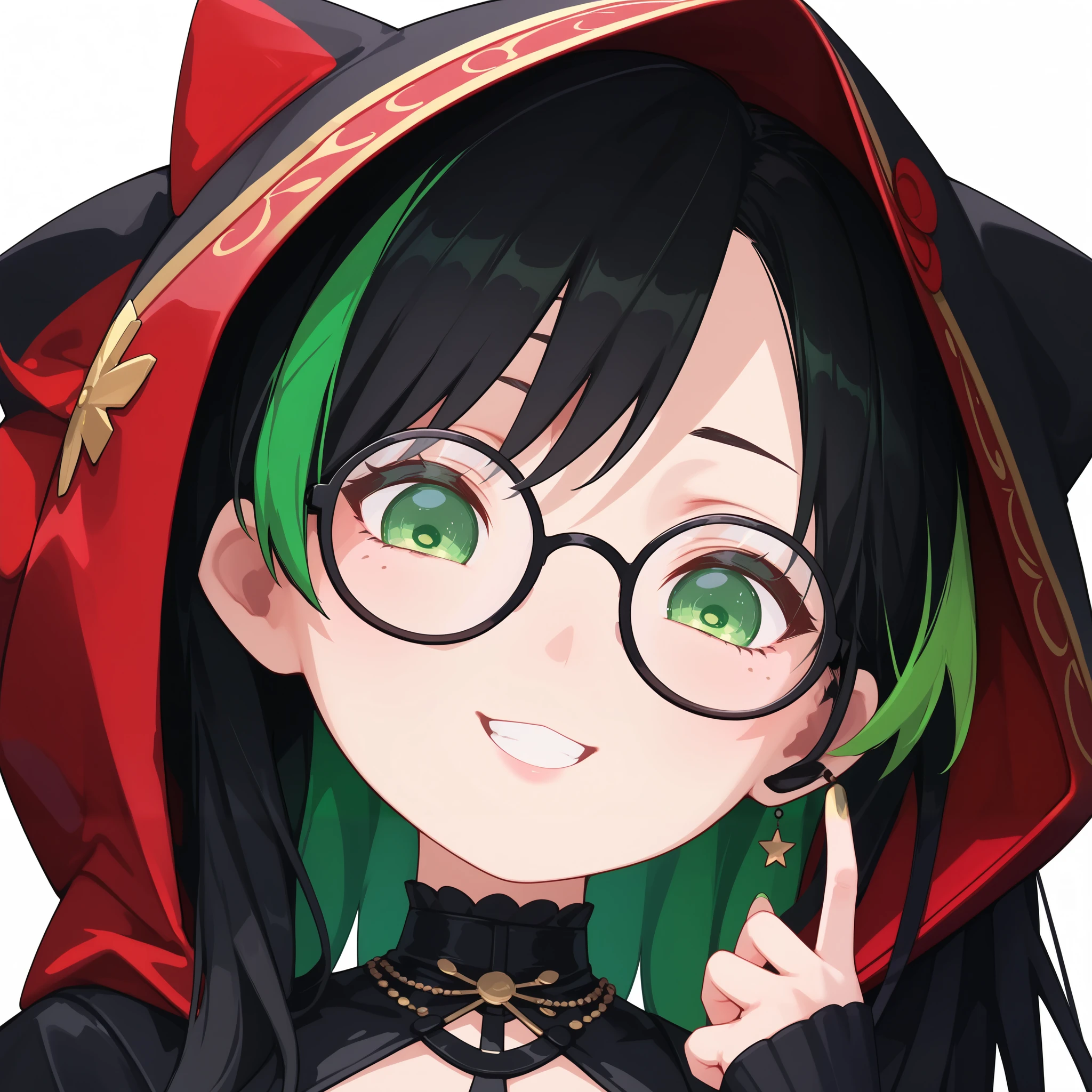 4k anime style, Smooth anime CG, 8k anime, Best quality, High resolution,Superdetail,Perfect light,high resolution, best quality, Accurate, Anatomically Correct, Best Quality, Masterpiece, Award Winning, perfect hands, perfect fingers, solo ,close up,look at viewer,Young Anime female with long hair, black hair and green highlights.beautiful green eyes,expressive eyes, perfect face,,medium chest,Beautiful waist,Black Hood green highlight,black clear glasses,white tank short ,little smile,simple white background