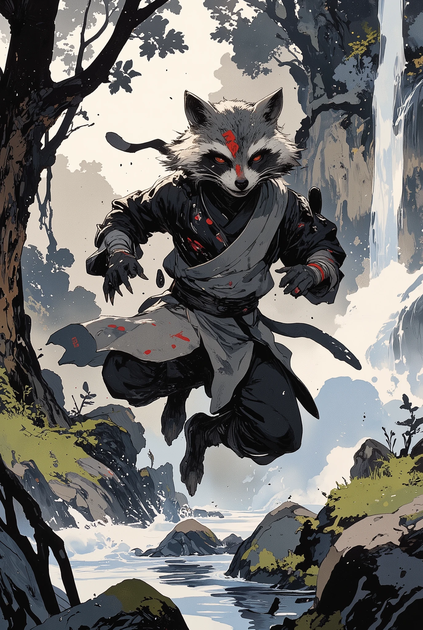 (best quality)))、(super high image quality)、(Super Detail)、(detailed description)、(Best CG ))、(masterpiece)、ArsMJStyle、(Zen ink wash painting)、raccoon , ランダムなシチュエーション,背後からのアングル,忍者衣装,(aura:1.3)走る
